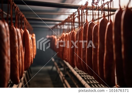 Industrial production of meat products and sausages. conveyor with sausage 101676371