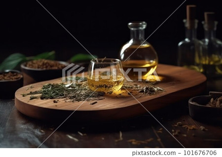 olive oil with herbs on a wooden board on a dark background 101676706