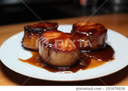 grilled sea scallops served on a plate on a white plate with sauce  101676836