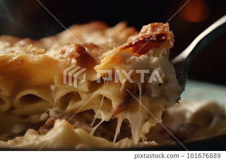 close-up of lasagna with cheese, meat, herbs and spices. 101676889