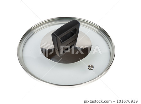 Close-up of a glass lid from a pot or frying pan on a white background. 101676919