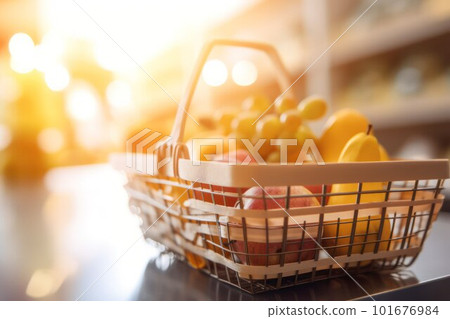 basket with groceries against the background of a blurred trading floor  101676984