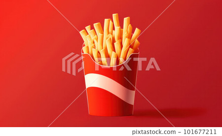 French fries or fried potatoes in a red cardboard box on a red background  101677211