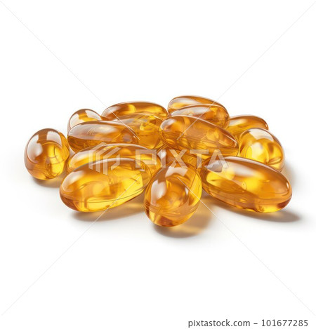 yellow transparent fish oil supplement capsules isolated on white background 101677285
