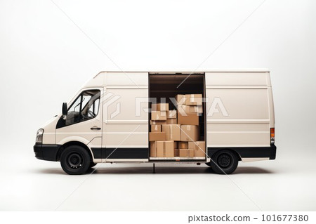 Van with cardboard boxes. Side view of a delivery service van.  101677380