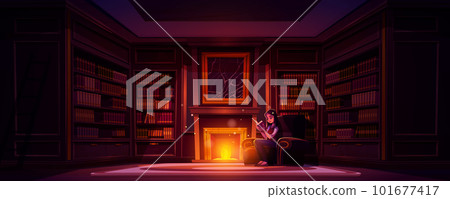 Young woman reading book near fireplace in library Young woman reading book near fireplace in library 101677417