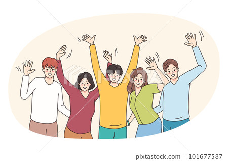Happy young people raise hands have fun together 101677587