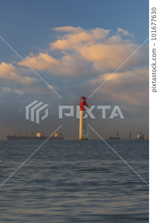 Phare de Chauvea near Ile de Re with ships to La Rochelle, Pays de la Loire, France Phare de Chauvea near Ile de Re with ships to La Rochelle, Pays de la Loire, France 101677630