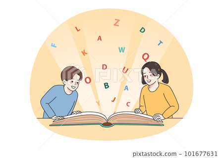 Happy small kids reading book together Happy small kids reading book together 101677631