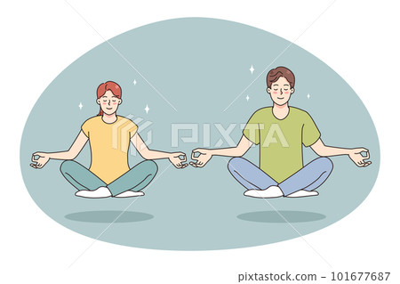Calm man and woman meditate in lotus position 101677687
