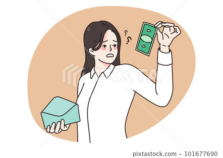 Confused female employee shocked by small salary 101677690