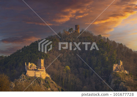 Chateau de Saint-Ulrich ruins, Chateau du Girsberg ruins and Chateau du Haut-Ribeaupierre near Ribeauville, Alsace, France Chateau de Saint-Ulrich ruins, Chateau du Girsberg ruins and Chateau du Haut-Ribeaupierre near Ribeauville, Alsace, France 101677728