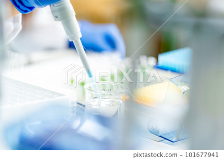 conducting chemical research in a research laboratory. pipetting the sample into glass flasks conducting chemical research in a research laboratory. pipetting the sample into glass flasks 101677941