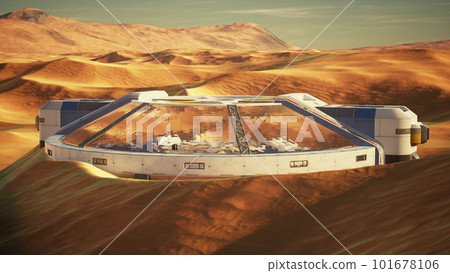 futuristic glass building in desert dunes 101678106