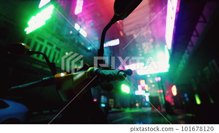Soft blurred colorful light up Bokeh sign board along building in city nightlife 101678120