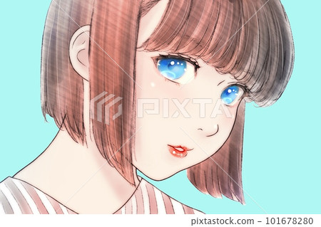 Line drawing color illustration of a chubby girl with a round face, hair = brown, eyes = blue, background = light blue 101678280