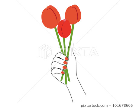 用紅色鬱金香在優雅的手上用紅色美甲（指甲）給對方留言的插圖 101678606
