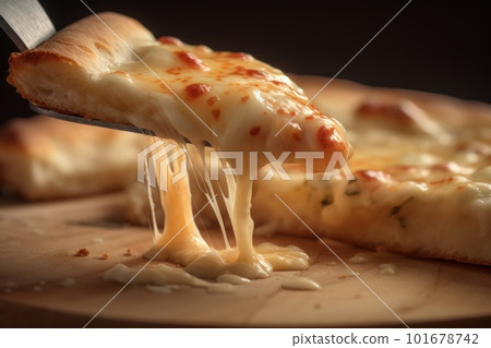 Hot Italian pizza four cheeses slice on shovel with melted stretching cheese Hot Italian pizza four cheeses slice on shovel with melted stretching cheese 101678742