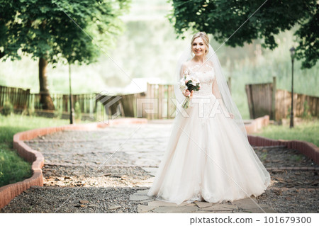 Beautiful fashion bride in wedding dress posing Beautiful fashion bride in wedding dress posing 101679300