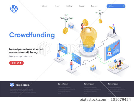 Crowdfunding isometric landing page. Investment into idea or business startup isometry web page. Crowdfunding platform for money donation website template. Vector illustration Crowdfunding isometric landing page. Investment into idea or business startup isometry web page. Crowdfunding platform for money donation website template. Vector illustration 101679434