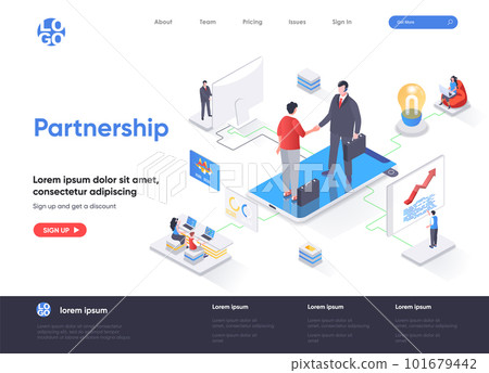 Partnership isometric landing page. Business collaboration, partners agreement, effective teamwork and communication isometry web page. Website flat vector illustration Partnership isometric landing page. Business collaboration, partners agreement, effective teamwork and communication isometry web page. Website flat vector illustration 101679442