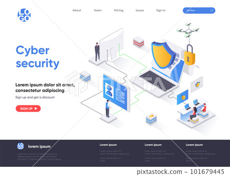 Cyber security isometric landing page. Internet privacy, password access, firewall software and identification isometry web page. Website flat template, vector illustration 101679445