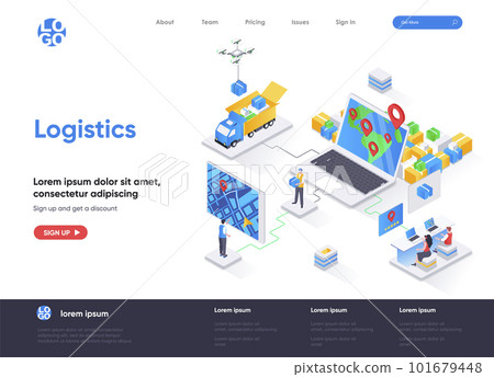 Logistics isometric landing page. Express delivery service, global freight shipping, warehousing and distribution isometry web page. Website flat template, vector illustration 101679448