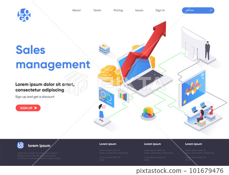 Sales management isometric landing page. Developing sales force, coordinating sales operations and data analysis isometry web page. Website flat template, vector illustration 101679476