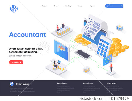 Accountant isometric landing page. Business accounting and financial statements, payment balance and taxes isometry web page. Website flat template, vector illustration 101679479
