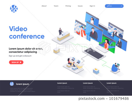 Video conference isometric landing page. Online visual communication of team members, teleconference and video call isometry web page. Website flat template, vector illustration Video conference isometric landing page. Online visual communication of team members, teleconference and video call isometry web page. Website flat template, vector illustration 101679486
