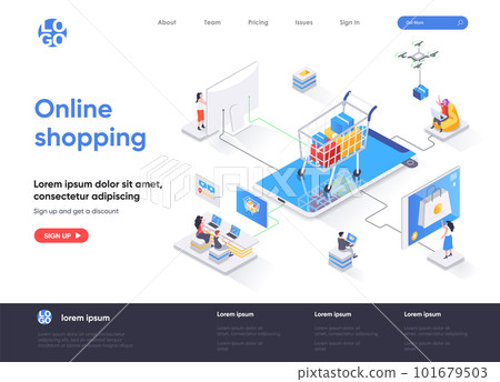 Online shopping isometric landing page. E-commerce business, web solution for online shopping platform, order and delivery isometry web page. Website flat vector illustration 101679503
