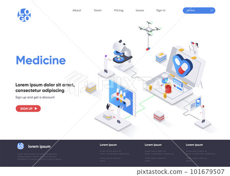 Medicine isometric landing page. Modern diagnostics and treatment in clinic, laboratory examination and health care isometry web page. Website flat template, vector illustration Medicine isometric landing page. Modern diagnostics and treatment in clinic, laboratory examination and health care isometry web page. Website flat template, vector illustration 101679507