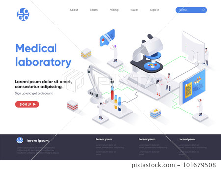 Medical laboratory isometric landing page. Pharmacy development, biotechnology industry, patient testing and diagnosis isometry web page. Website flat vector illustration 101679508