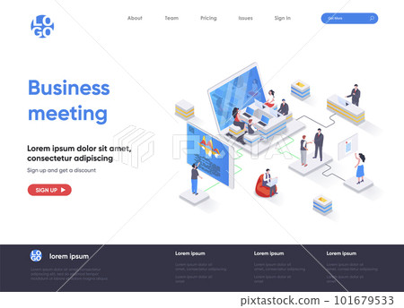 Business meeting isometric landing page. Partnership and teamwork collaboration, online meeting and conversation isometry web page. Website flat template, vector illustration 101679533