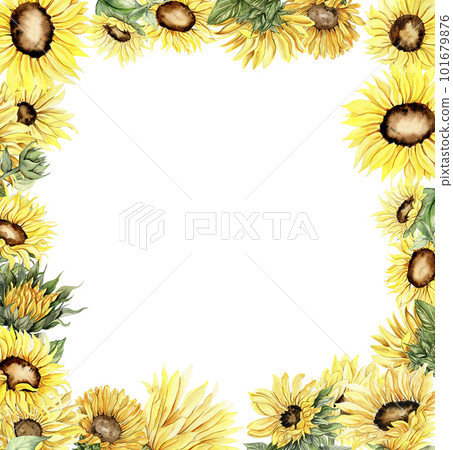 Watercolor hand drawn spring garden full of sunflowers square frame with giraffe.Illustration for scrapbooking.Cartoon hand drawn background with flower for kids design.Perfect for wedding invitation. Watercolor hand drawn spring garden full of sunflowers square frame with giraffe.Illustration for scrapbooking.Cartoon hand drawn background with flower for kids design.Perfect for wedding invitation. 101679876