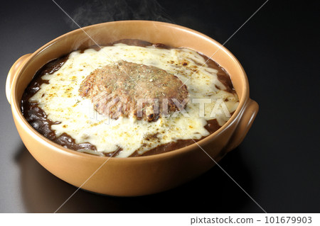 Hot grilled curry with plenty of cheese and hamburger on a black background 101679903