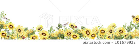 Watercolor horizontal seamless background with sunflowers. Butterflies in cartoon style. Hand drawn illustration of summer. Perfect for scrapbooking, kids design, wedding invitation. greetings cards. Watercolor horizontal seamless background with sunflowers. Butterflies in cartoon style. Hand drawn illustration of summer. Perfect for scrapbooking, kids design, wedding invitation. greetings cards. 101679922