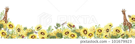 Watercolor horizontal seamless background with sunflowers. Butterflies in cartoon style. Hand drawn illustration of summer. Perfect for scrapbooking, kids design, wedding invitation. greetings cards. Watercolor horizontal seamless background with sunflowers. Butterflies in cartoon style. Hand drawn illustration of summer. Perfect for scrapbooking, kids design, wedding invitation. greetings cards. 101679923