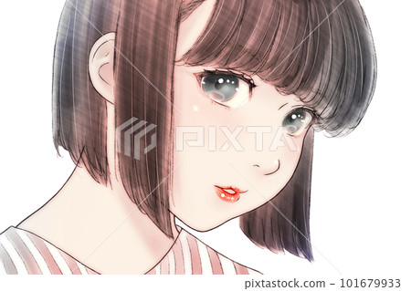 Line drawing color illustration of a chubby girl with a round face Hair = black Eyes = black Background = none 101679933
