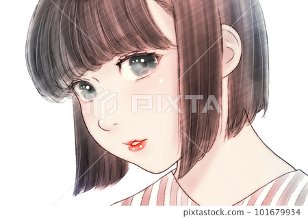 Line drawing color illustration of a chubby girl with a round face, hair = black, eyes = black, background = none, horizontally reversed version 101679934