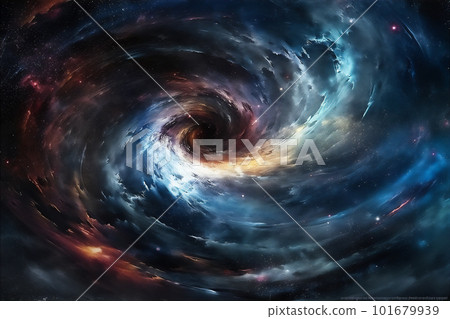 Abstract colourful spiral galaxy in space, interstellar nebula, realistic swirling vortex. AI generated 101679939