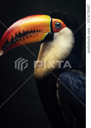 Close up toucan portrait on black background. AI generated 101679987