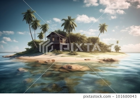 Desert island in the middle of the ocean. AI generated 101680043