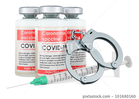 Handcuffs with vaccine, 3D rendering 101680160