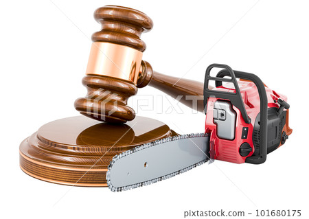 Chainsaw with wooden gavel, 3D rendering Chainsaw with wooden gavel, 3D rendering 101680175
