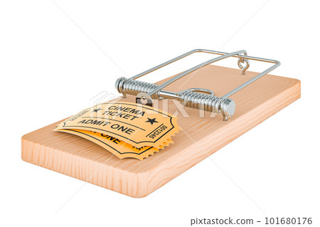 Cinema tickets inside mousetrap. 3D rendering Cinema tickets inside mousetrap. 3D rendering 101680176