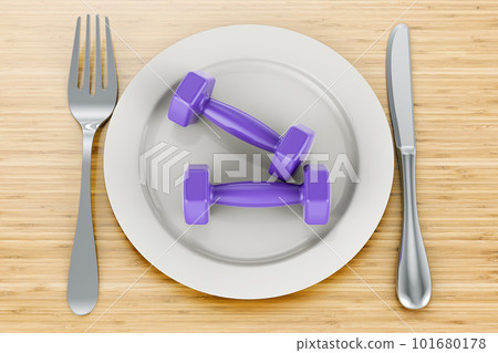 Dinner plate with fitness dumbbells, 3D rendering 101680178