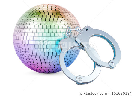 Handcuffs with disco ball, 3D rendering Handcuffs with disco ball, 3D rendering 101680184