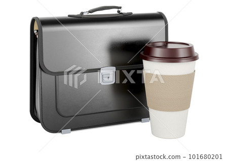 Briefcase with disposable cup of hot drink, 3D rendering 101680201