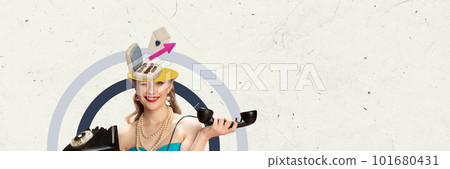 Beautiful young girl talking on phone with flirty look. Sending messages. Contemporary art collage. Beautiful young girl talking on phone with flirty look. Sending messages. Contemporary art collage. 101680431